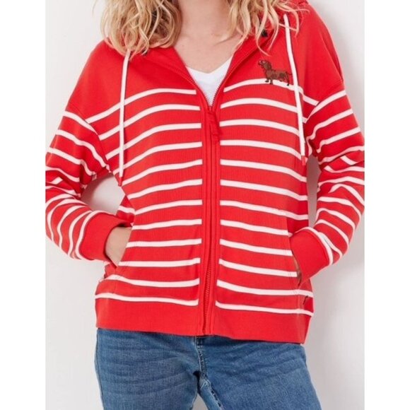 NWT Womens Joules Red & White Striped Zip-Up Hoodie w/Dachshund Embroidery - Picture 1 of 16